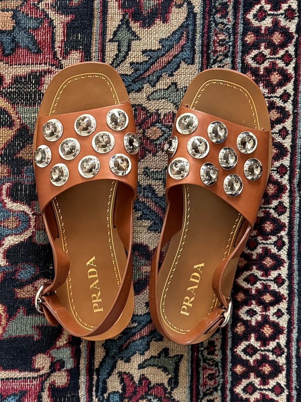Prada Brown Leather Jewel-Embellished Slingback Sandals